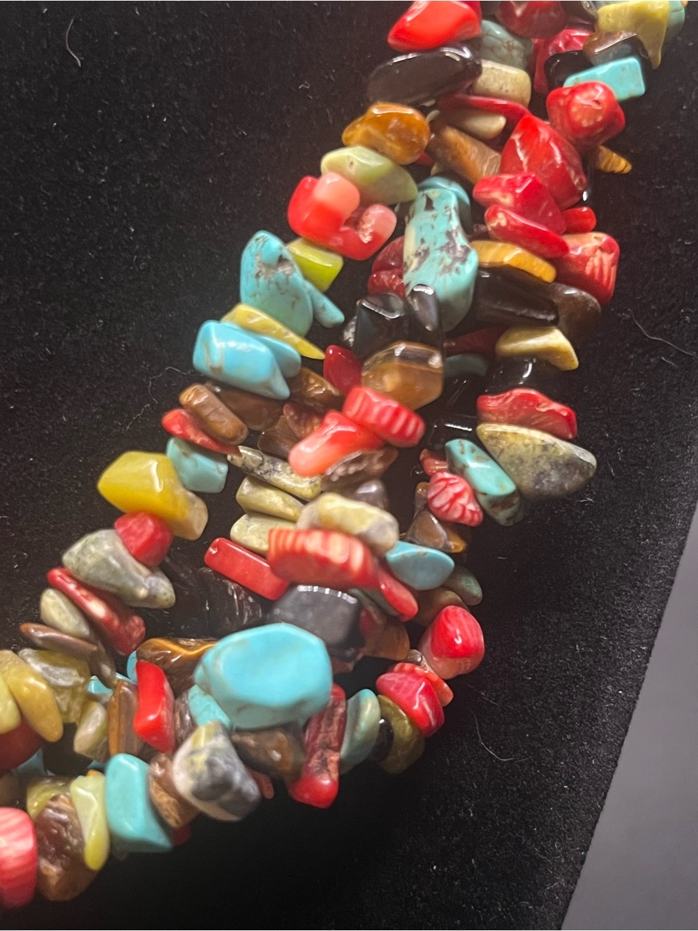 Multi Strand Gemstone Chip Necklace Turquoise Coral Tiger Eye Boho - Picture 2 of 10